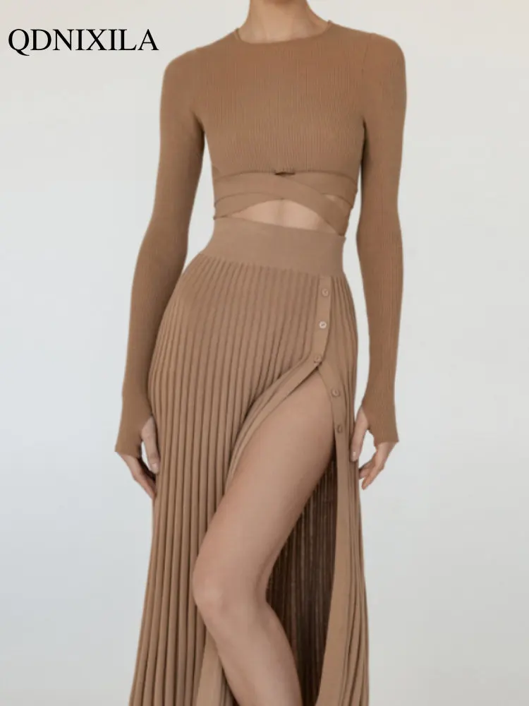 

2023 Spring Summer Knitted Two Piece Women Skirt Sets Sexy Pullover Crew Neck Cross Tie Blouse Long Sleeve Elegant Beach Dress
