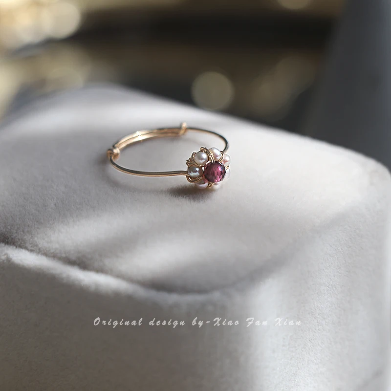 

Xiaofangxian 14K Gilded Non-Fading Natural Garnet Pearl Ring Crystal Stylish Personalized Minority Opening