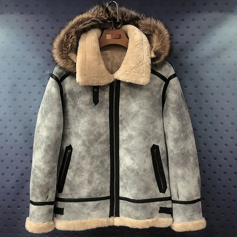 

Shearling Sheepskin Real Leather Fur Hood Coat male B3 Bomber Jacket Aviator Outerwear Men's Motorcycle Thick Winter Warm Jacket