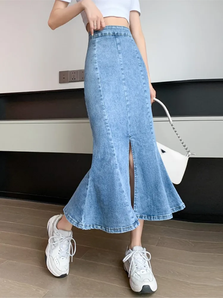 

Women Fashion Korean High Waist Mermaid Denim Skirt Spring Autumn Elegant Bodycon Split Jeans Female Vintage Skirt