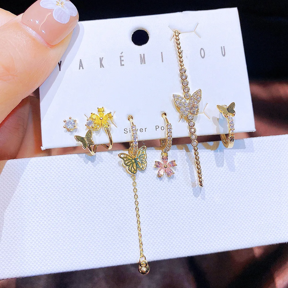 

3 комплекта, набор маленьких и изящных красивых сережек, искусственный циркон, Длинная подвеска в виде бабочки с медной инкрустацией