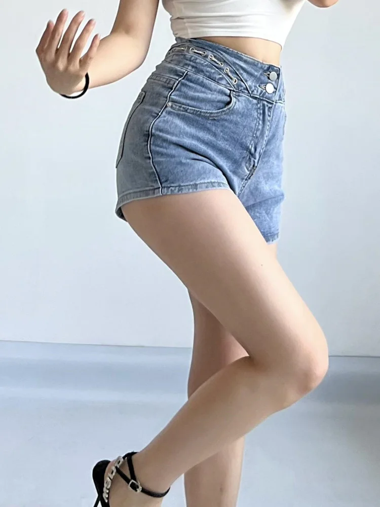 

Solid Color High Waist Elastic Thin Women's Clothing European Retro High Street Two Button Denim Straight Shorts Y646