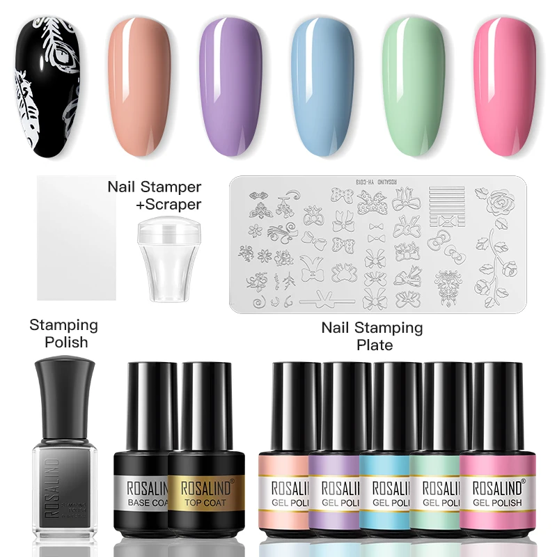 

ROSALIND Stamping Gel Nail Polish Set With Tools UV Soak Off Semi Permanent Gel Lacquer Base Top Coat For DIY Nails Art