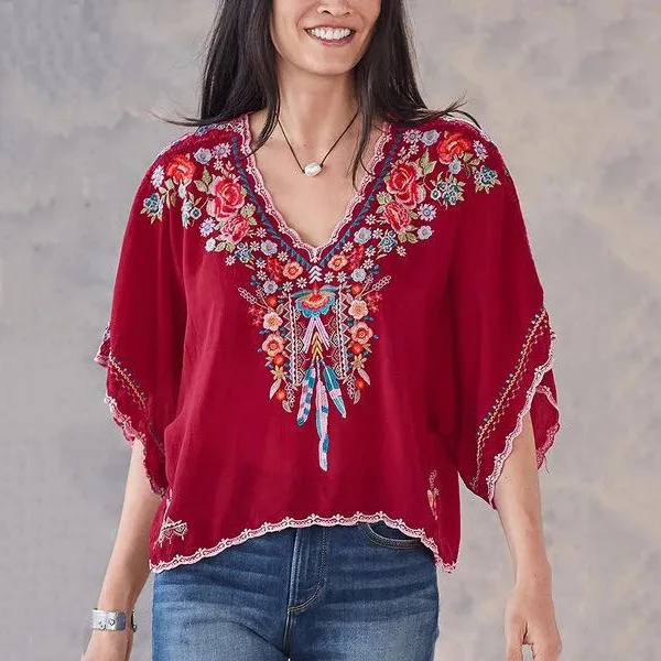 

AYUALIN Half Sleeve Summer Blouse for Women 2022 Casual Deep V Maxi Shirt Boho Blusas Vintage Floral Embroidery Loose Blouses
