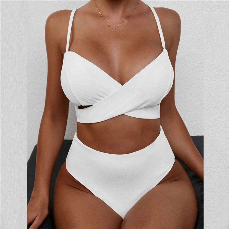 

Sexy Ribbed Bikini Women Swimsuit 2022 New High Waist Swimwear V-neck Set Solid Bathing Suit Brazilian Beachwear Summer Biquini