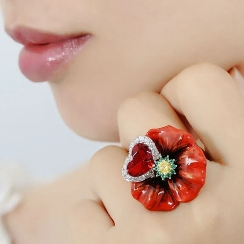 

Classic Plant Flower Ring Big Zirconium Heart Rings Rings Women Wedding Poppy Flower with Heart Finger Jewelry