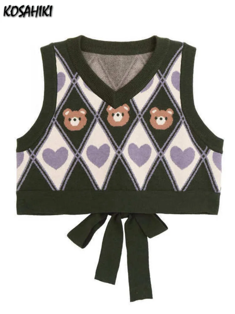 

Kawaii Sweater Vest Bear Pri Sleeveless Casual Knitted Argyle Waistcoat 2023 Vintage Y2K Cropped Bandage Vests JK Tops