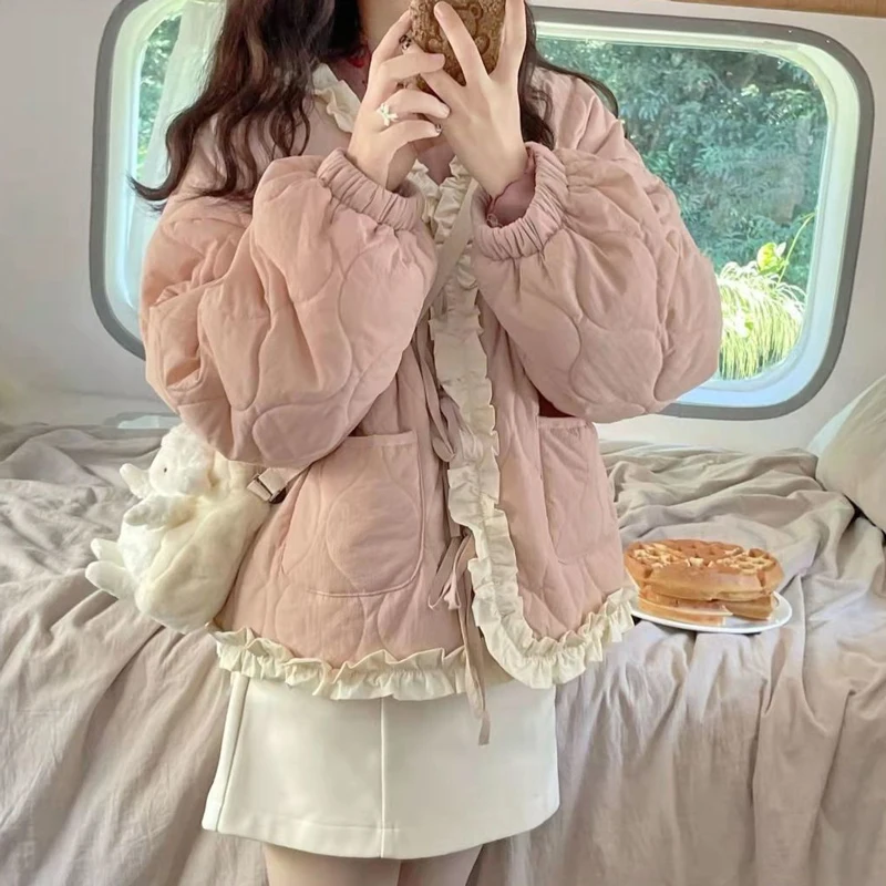 

Kawaii Ruffles Winter Warm Parkas Short Style Coats Pink Thickening Japan Designders Single Breasted Lolita Girls New Casual