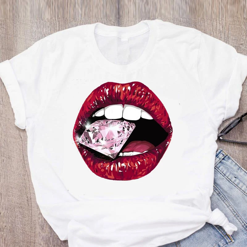 

Cool Harajuku Aesthetic Short Sleeve T-Shirts Fashion Women's Clothing Summer Captivating Lip Cartoon Printed T-Shirts For Girl