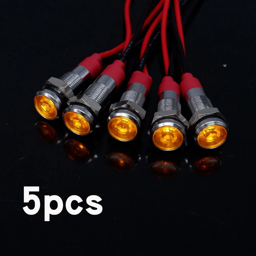

5 шт. 6 мм металлический индикатор, сигнальная лампа для автомобиля, лодки, светодиодная сигнальная панель, 5 В, 12 В, 24 В, 220 В, с проводом, красный, оранжевый, синий, зеленый, белый