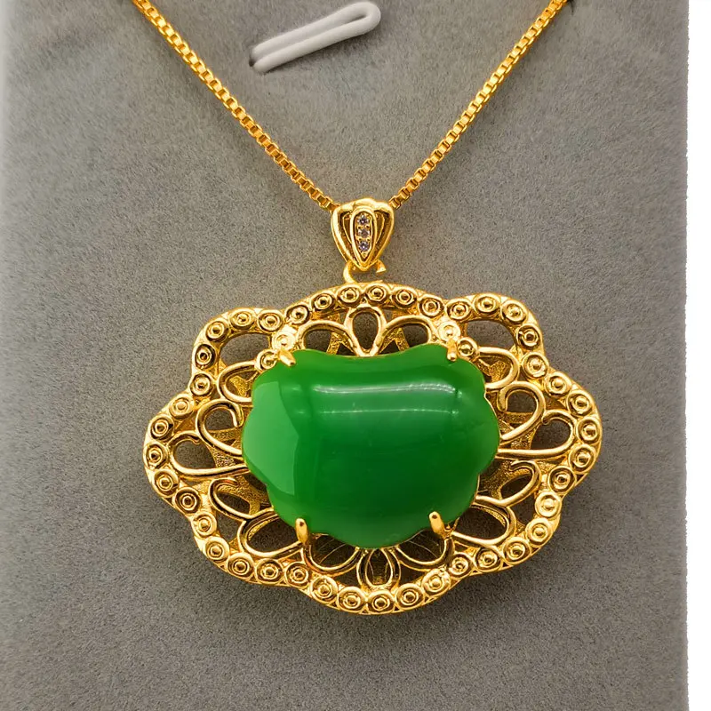 

New ladies necklace fashion temperament jewelry imitation gold Ruyi peace lock necklace inlaid imitation chalcedony pendant