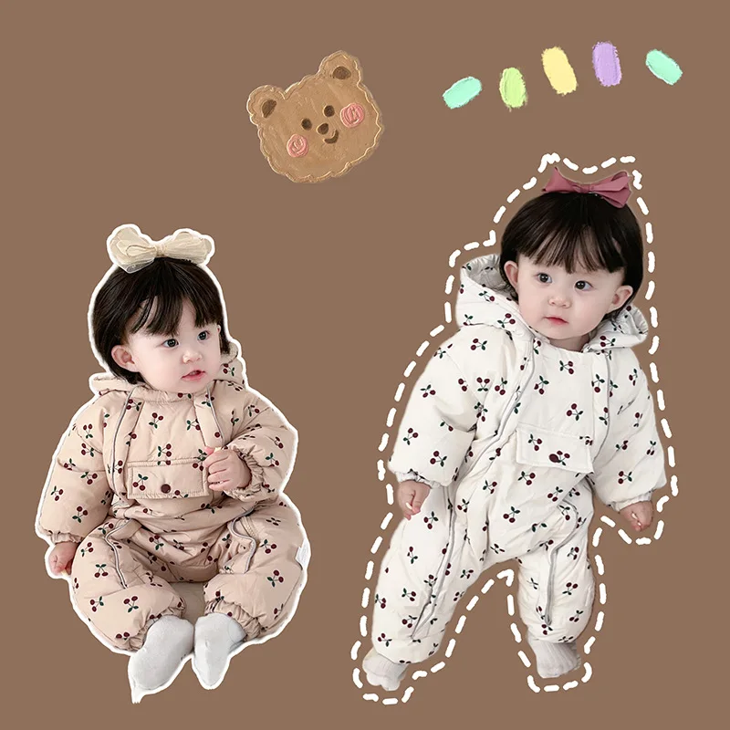 

73-100cm Winter Baby Girl Clothes Newbron Outwear Baby Snow Wear Cherry Pattern Baby One Piece Down Jacket Baby Romper