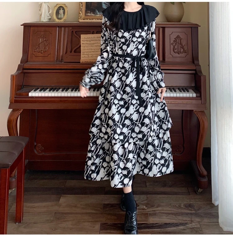 

Женское длинное шифоновое платье с поясом, длинным рукавом и цветочным принтом