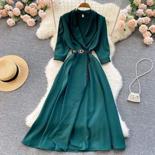 

N GIRLS Office Lady Notched Neck Dresses Women Temperament Sashes Lace-up Waist Robe Femme Solid Color Elegant Vestidos De Mujer