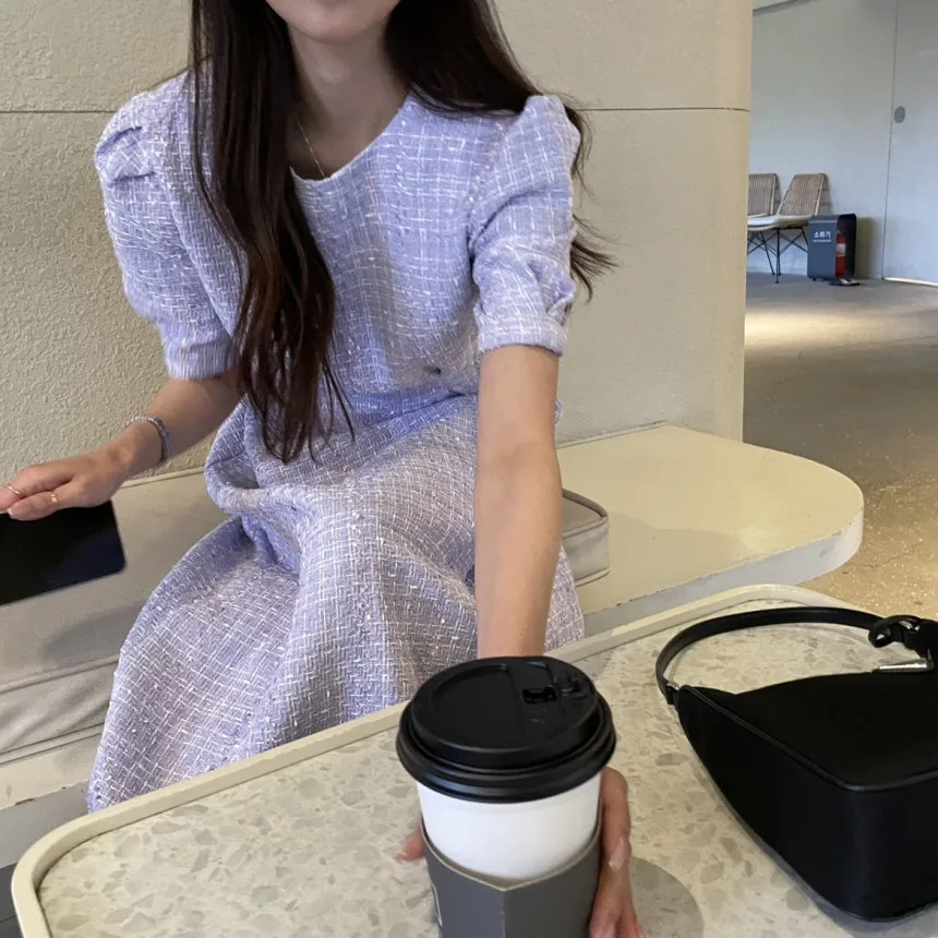 

2022 Summer Women Short Puff Sleeve Tweed Dress Casual Korean Chic Vintage Robe Loose Vestidos