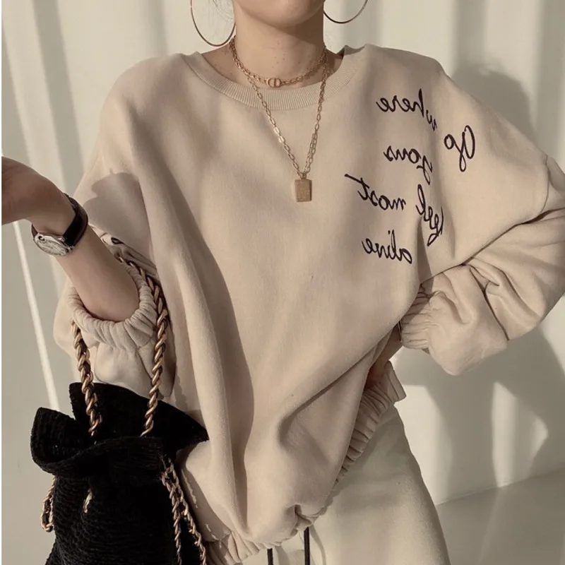 

Rachel Women Hoodies Korean Chic Autumn Wild O Neck Pullover Letter Printing Loose Casual Lantern Sleeve Split Sweatshirt