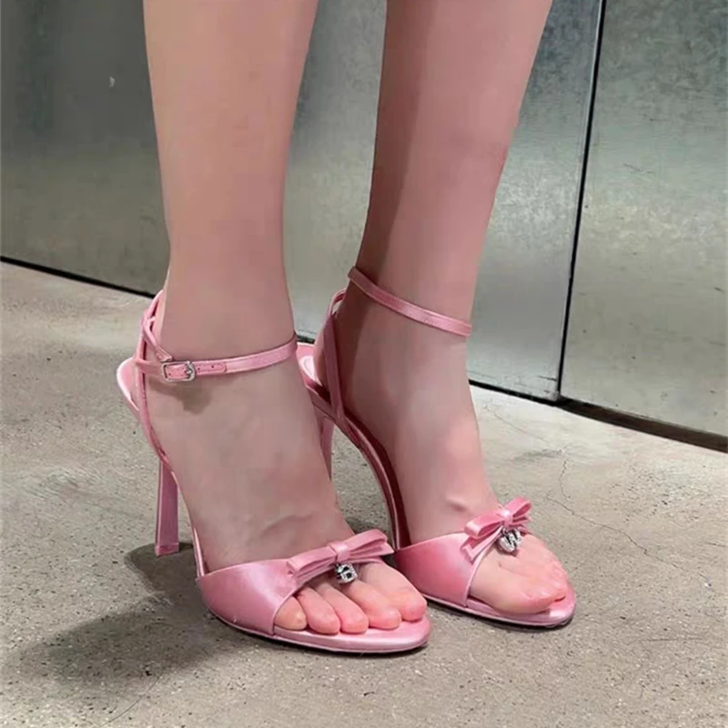 2023 Summer New European and American Women's Bow Satin High Heels Rhinestone Letter Fashion Sandals
