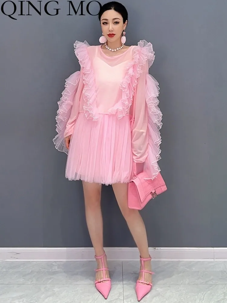 QING MO 2023 Summer New Korean Mesh Spliced Princess Dress Women Cute Fashion Female Full Sleeve Dress Pink Black ZXF3039