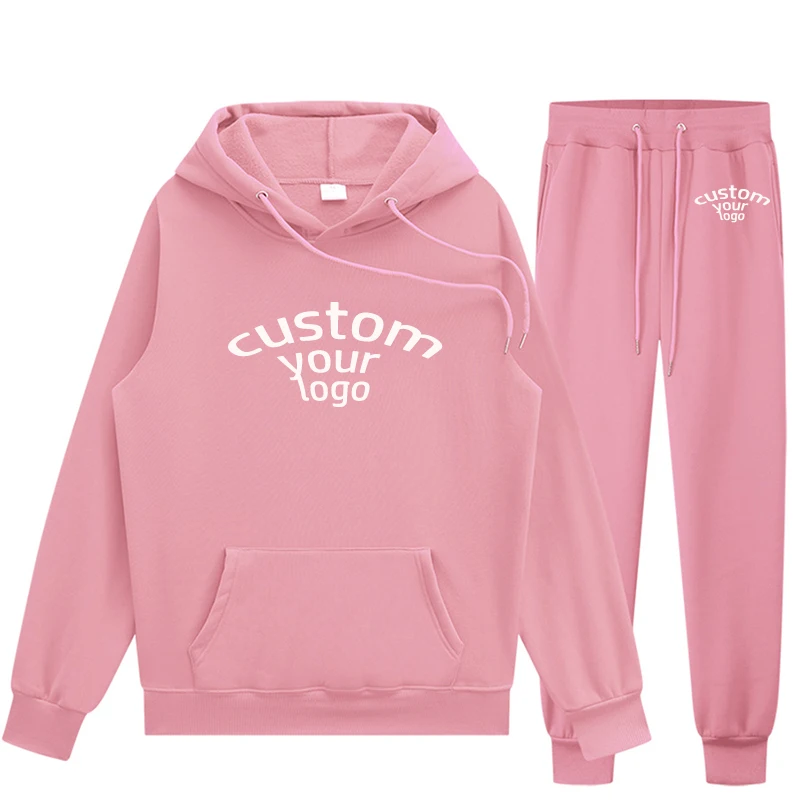 Custom Logo Solid Couple Set New Hooded Pocket Sweater Cotton Loose Men's Pants Long Sleeve Set Fashion Casual Male Clothing