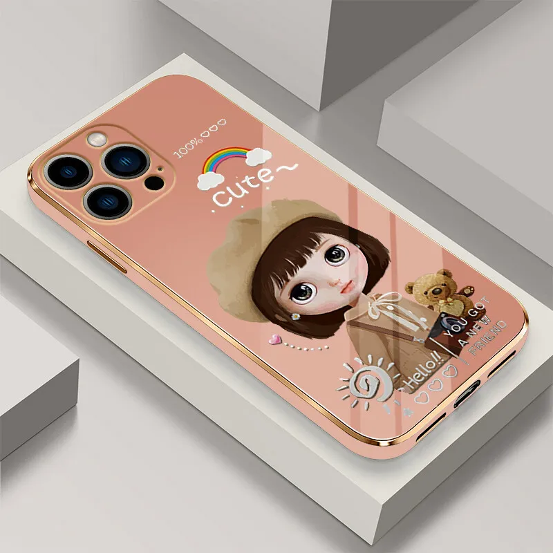 

NOHON Case For XIAOMI 8 9 10 10T 11 LITE POCO F3 X3 GT cute girl Electroplated All-round Protection fashion back cover