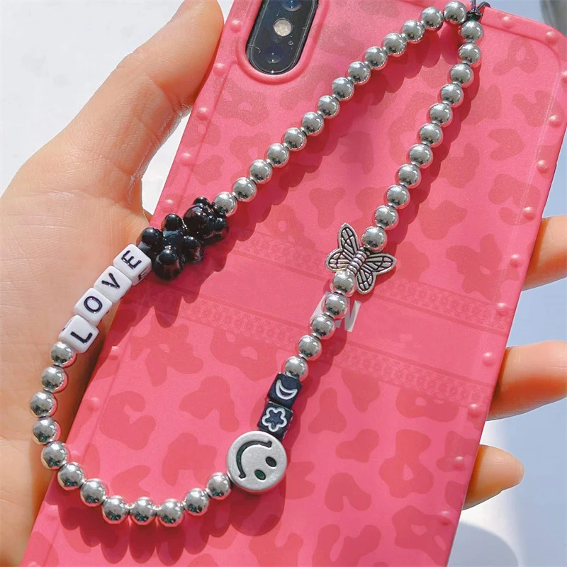 

LOVE Letter Smiley Mobile Phone Chain Vintage Hip Hop Alloy Beads Butterfly Telephone Pendant Anti-Lost Lanyard Women Jewelry