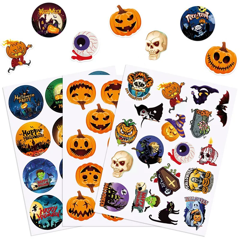 

1PC Halloween Party Favor Gifts Tags Round Pumpkin Bat Skull Witch Spider Stickers Self-Adhesive Halloween Stickers Seal Labels