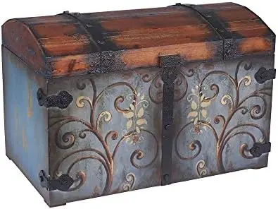 

Wood Storage Trunk, Large, Blue Body/Brown Lid/Floral Design & 81-1 Foldable Fabric Storage Bins | Set of 6 Cubby Cubes with Tra