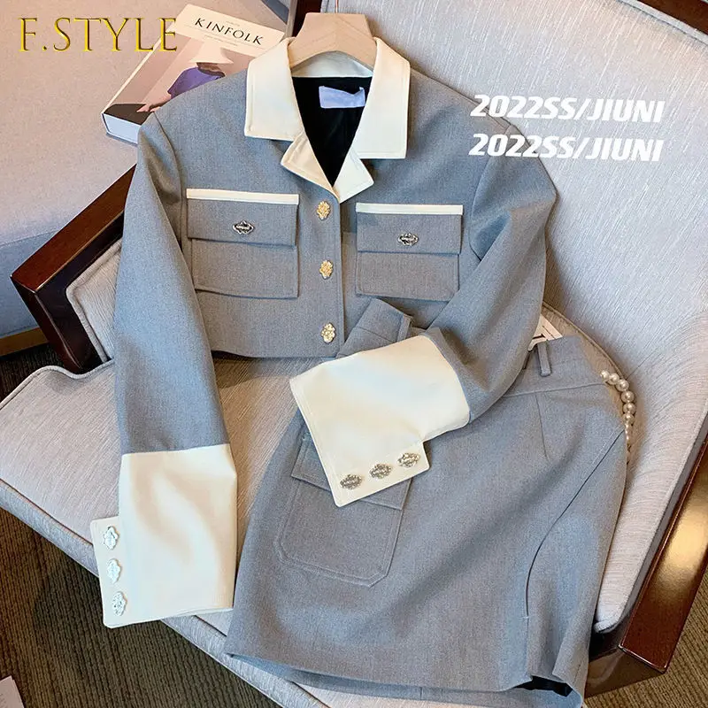 F GIRLS Notched Grey Blazers Short Jacket High Waist Mini Skirts Suits Two Piece Outfits Office Lady 2022 New Fashion Korean