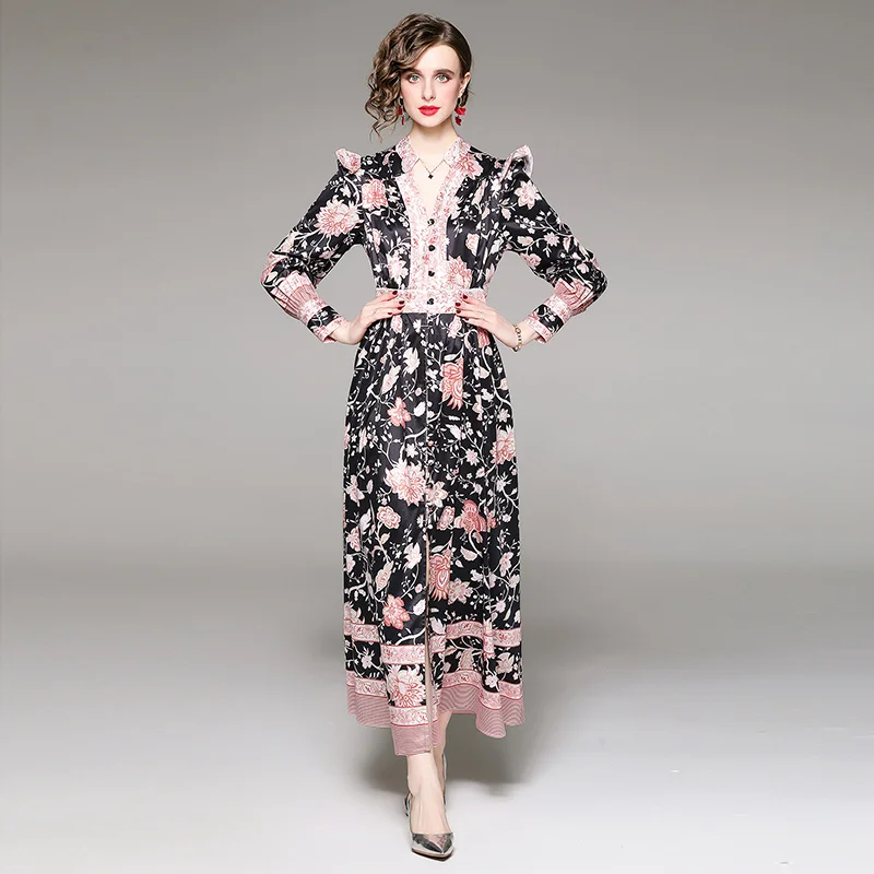 

Women's New Summer Style High-end Temperament V-neck Lantern Long Sleeve Fashion Versatile Vintage Printed Holiday Dress