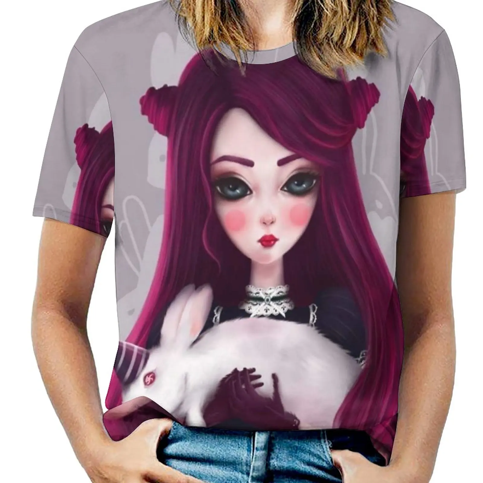 

Party Woman'S T-Shirt Spring And Summer Printed T Shirts Crew Neck Pullover Top Party Girls White Pink Hairstyle Rabbit