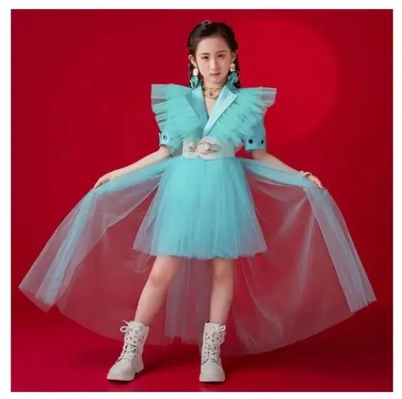 Детская подиумная одежда Kpop для девочек мятно-зеленое летающее сетчатое пальто с