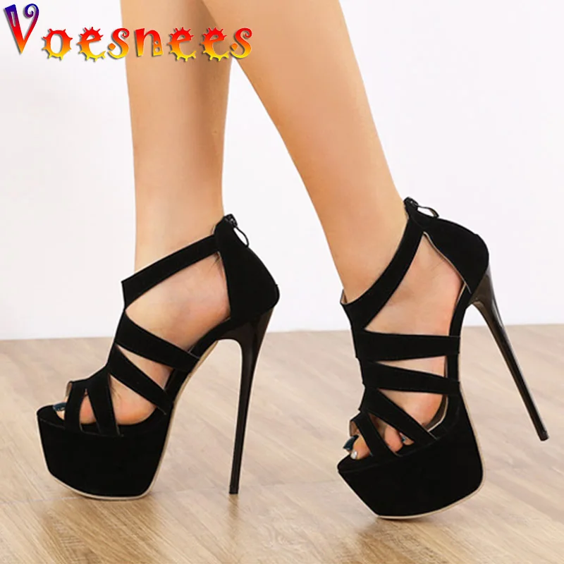 

Women's Pumps New Suede Hollow Out Summer High Heels Rome Style Nightclub Gladiator Shoes Back Zip Thick Platform Sandals Mules