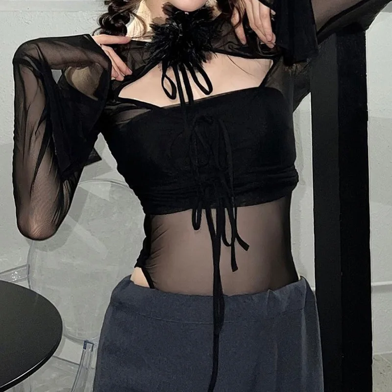 

Mesh Flare Sleeve Bandage Bodysuits Tops Women Long Sleeve Solid Bodycon Sexy Bodysuits Jumpsuit Party Club Body Top Femme