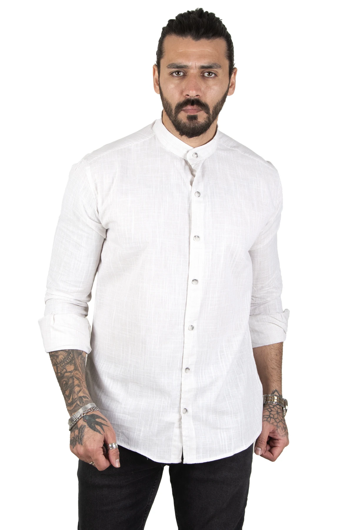 DeepSEA striped lycra dominant collar raw linen long sleeve men's shirt 2201895