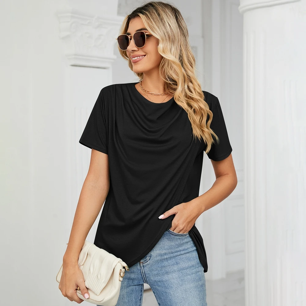 

Women's Short Sleeve Solid Color Slim Tees Fashion Summer Girls T Shirts Personality Casual Temperament Square Collar Tops