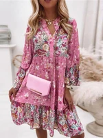 retro floral print flare sleeve mini dress spring ruffle loose women party dress casual v neck beach pullover dress