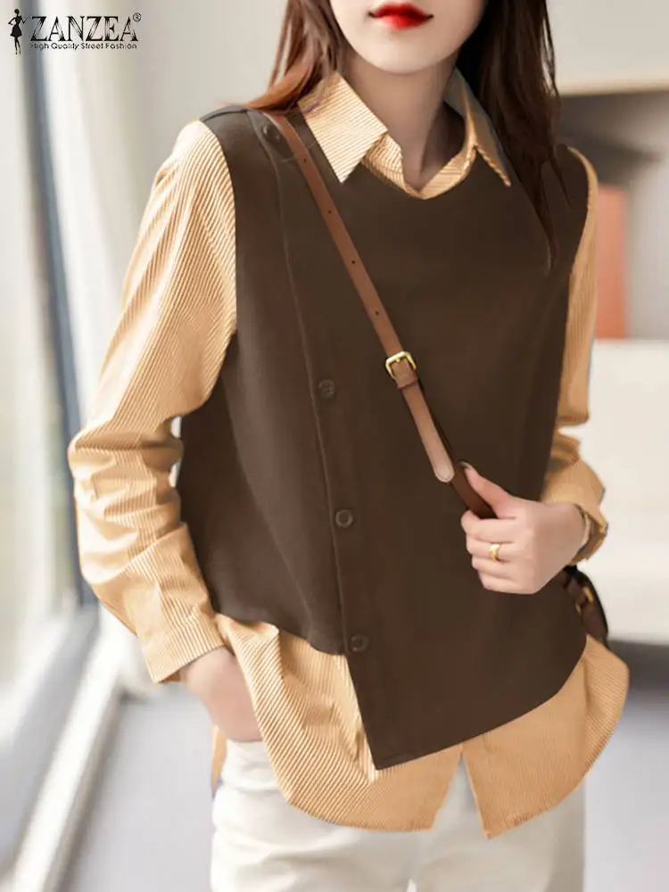 

Блузка ZANZEA Женская в полоску, стильная рубашка в стиле пэчворк, с воротником с лацканами и длинным рукавом, модный топ в уличном стиле, имитация одежды, 2 предмета