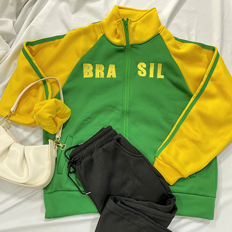 Women Sportswear 2 Pieces Set Autumn Lady Brasil Yellow Zip Up Hoodies +black Jogging Pants Suit Female Sweatpants Trousers Sets
