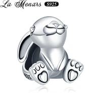 la menars cute silver rabbit beads sterling silver 925 charm fit women bracelet animal beads holiday gift
