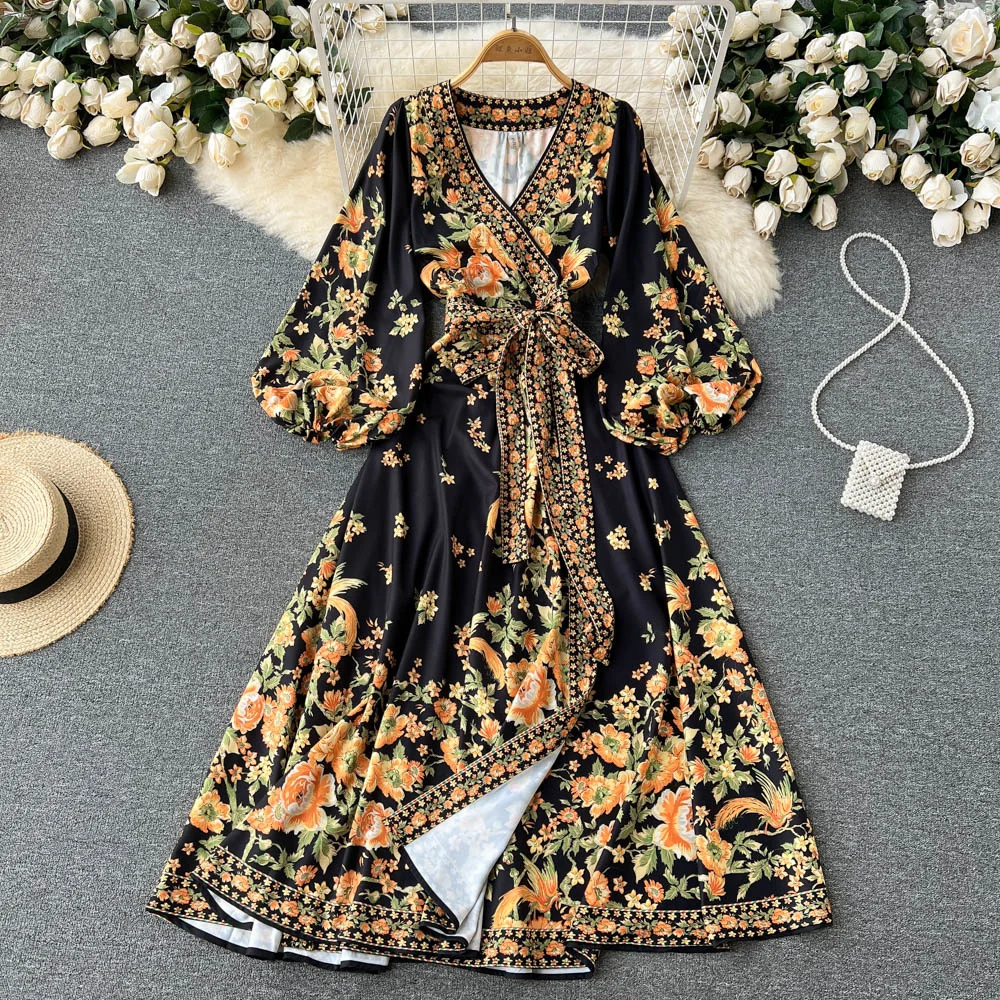 

Spring Women Vintage Long Dress V Neck Long Sleeves Sashes Bohemian Retro Dress Fashion Ladies Floral Print Maxi Dress