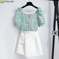 small fresh printed chiffon suit skirt womens summer 2022 new korean fashion age reducing short skirt two piece set
