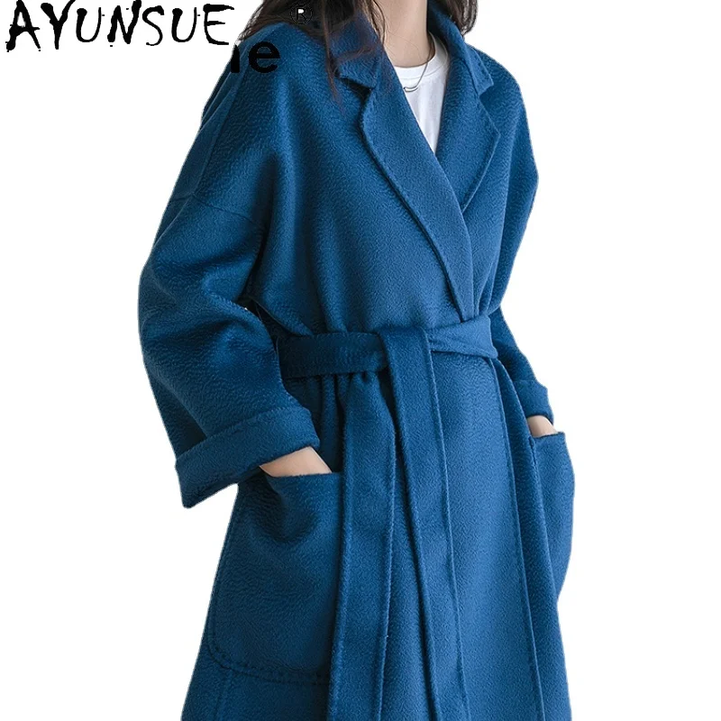

Ayunsue 100% Wool Coat Women's Winter Jacket Water Ripples Cashmere Coat Women Clothes Belted Trench Coat Female Casaco Feminino
