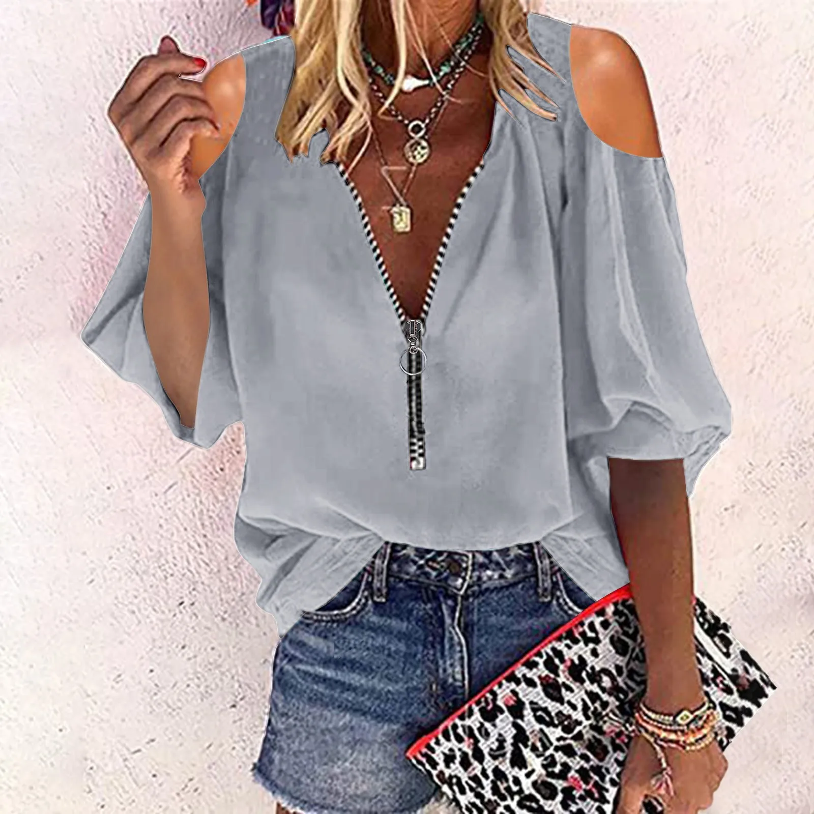 

Women Tunic Top Solid Color Zipper Color Womens T Shirts Loose Fitting Womens Casual Shirts Short Sleeve Womens Mock Neck Top