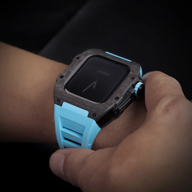 Fluorine Rubber Strap Kit for Apple Watch 8 7 45mm Carbon Fiber Titanium Alloy Case Cover Bumper for iWatch 6 SE 5 4 44mm Band