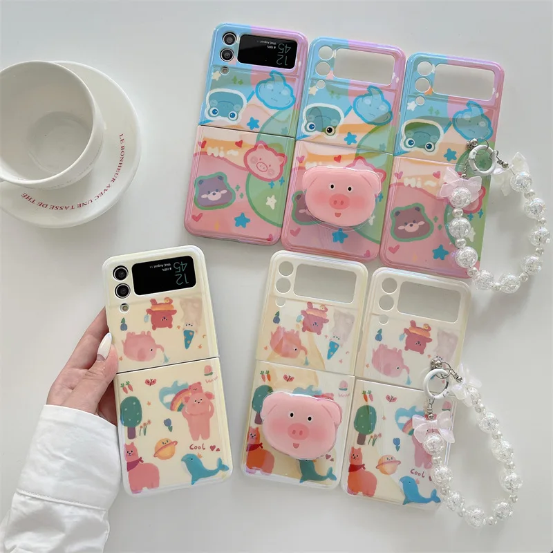 

Cartoonl Rabbit Frog Pig Dolphin Phone Case for Samsung Galaxy Z Flip 4 3 Hard Cover for ZFlip3 Zflip4 Solid Shell Bracket