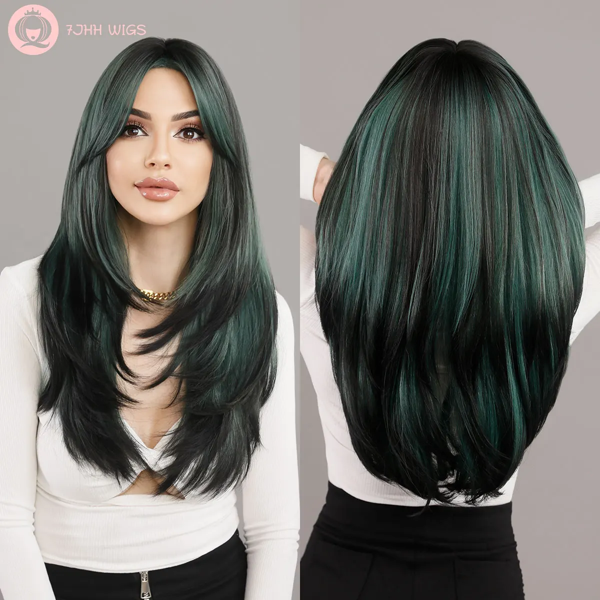 7JHH WIGS 25 Inch Highlights Green Wig with Bangs Long Wavy Hair Wig for Women Daily Party Natural Synthetic Layered Wigs