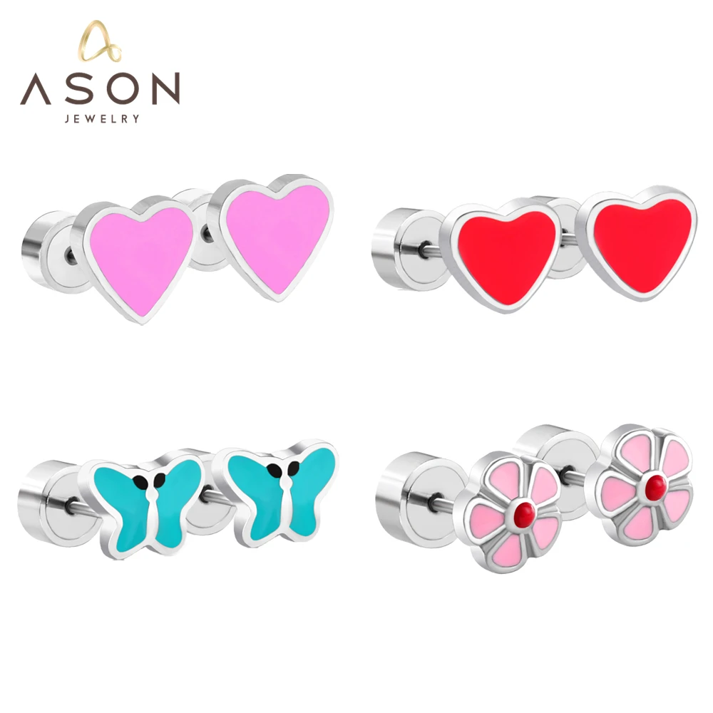 

ASONSTEEL Stainless Steel Heart Flower Screw Back Ear Stud Earrings Silver Color for Women Girl Kids Piercing Jewelry Party Gift