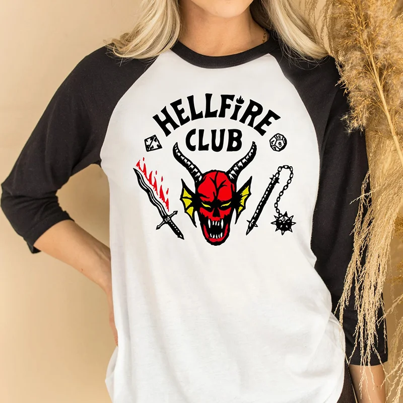 

Новинка лета 2022, футболки для клуба Hellfire для мужчин и женщин, свободные футболки с длинным рукавом, футболки с принтом «очень странные дела»,...