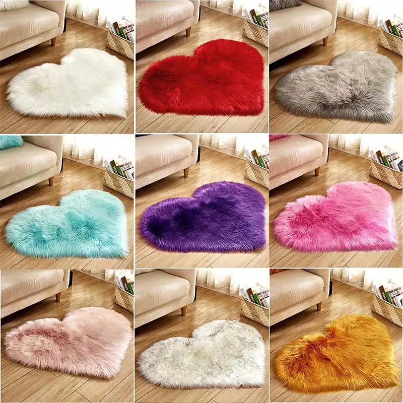 

HOT Fluffy Rug Love Hearts Shape Carpet Solid Colors Faux Fur Mat Shaggy Area Carpet In The Living Room Indoor Home Decorations