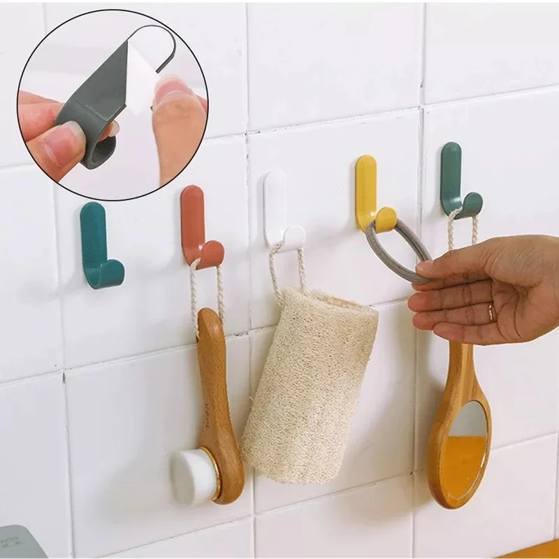 

5PCS J Shape Self-adhesive Wall Hook Bathroom Kitchen Towel Rack Strong Mini Hook Solid Color Household Storage Accessories
